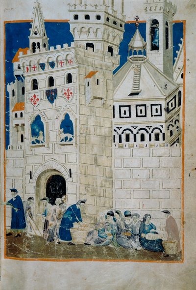 The poor of Siena welcomed to Florence, miniature from the Biadaiolo Codex by Master of the Biadaiolo Codex Master of the Biadaiolo Codex